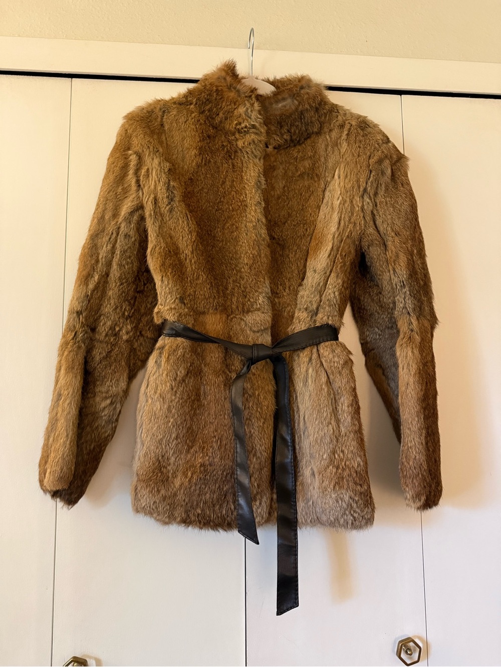 Women's Faux Fur Belted Jacket in Brown